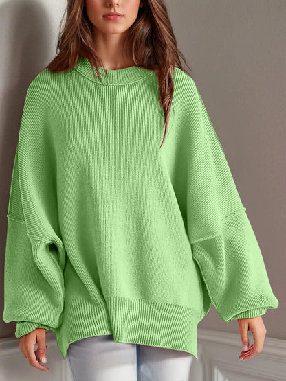 Double Take Side Slit Round Neck Long Sleeve Sweater - adritiX