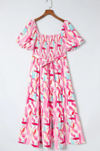Geometric Print Puff Sleeve Square Neck Midi Dress - adritiX
