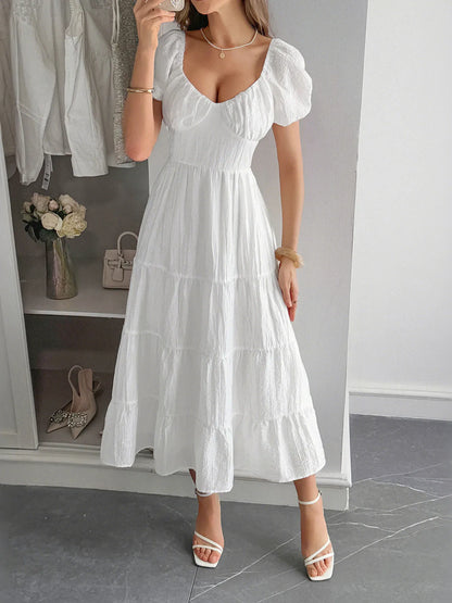 Elegant V-Neck Short Sleeve Midi Dress - adritiX