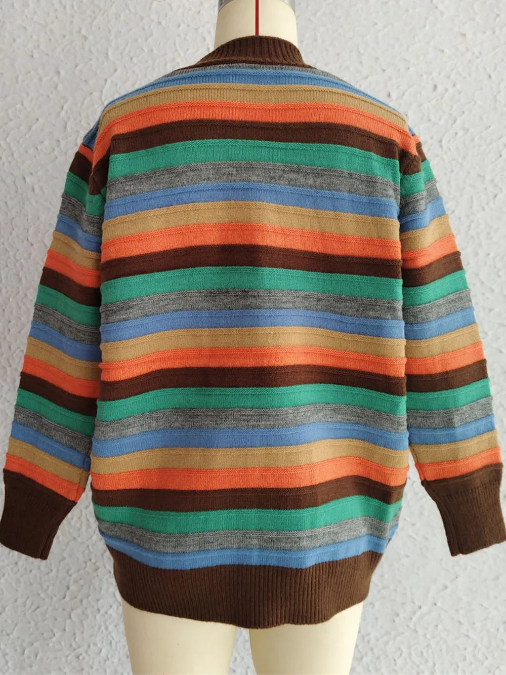 Contrast Stripes Button Up Long Sleeve Cardigan - adritiX