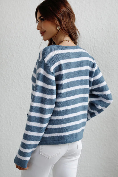 Striped Button Down Long Sleeve Cardigan - adritiX