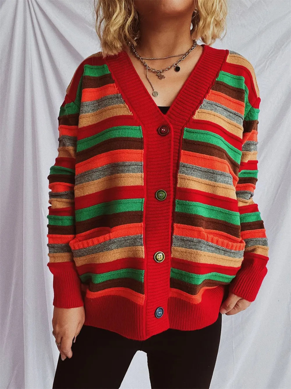 Contrast Stripes Button Up Long Sleeve Cardigan - adritiX
