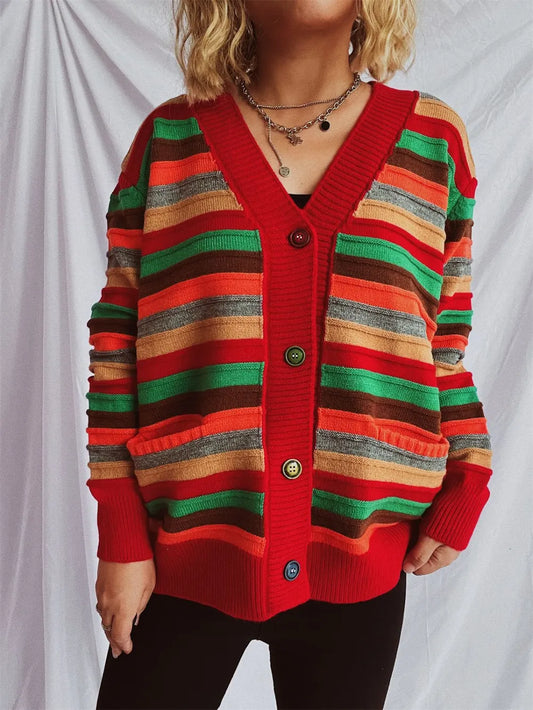 Contrast Stripes Button Up Long Sleeve Cardigan - adritiX