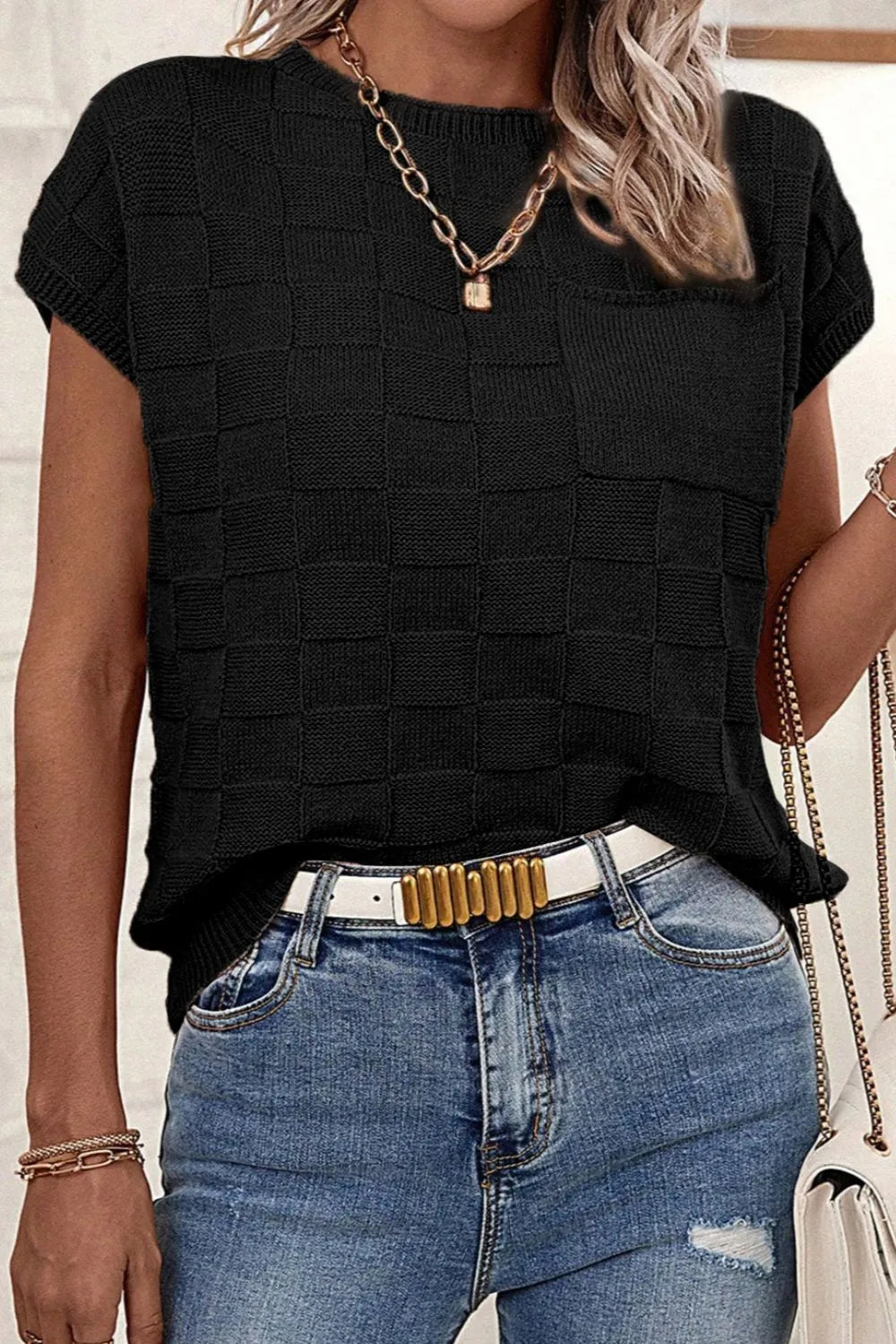 Pocketed Checkered Round Neck Knit Top - adritiX