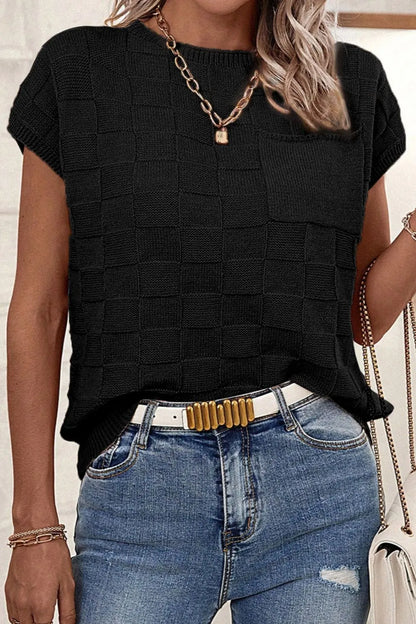 Pocketed Checkered Round Neck Knit Top - adritiX