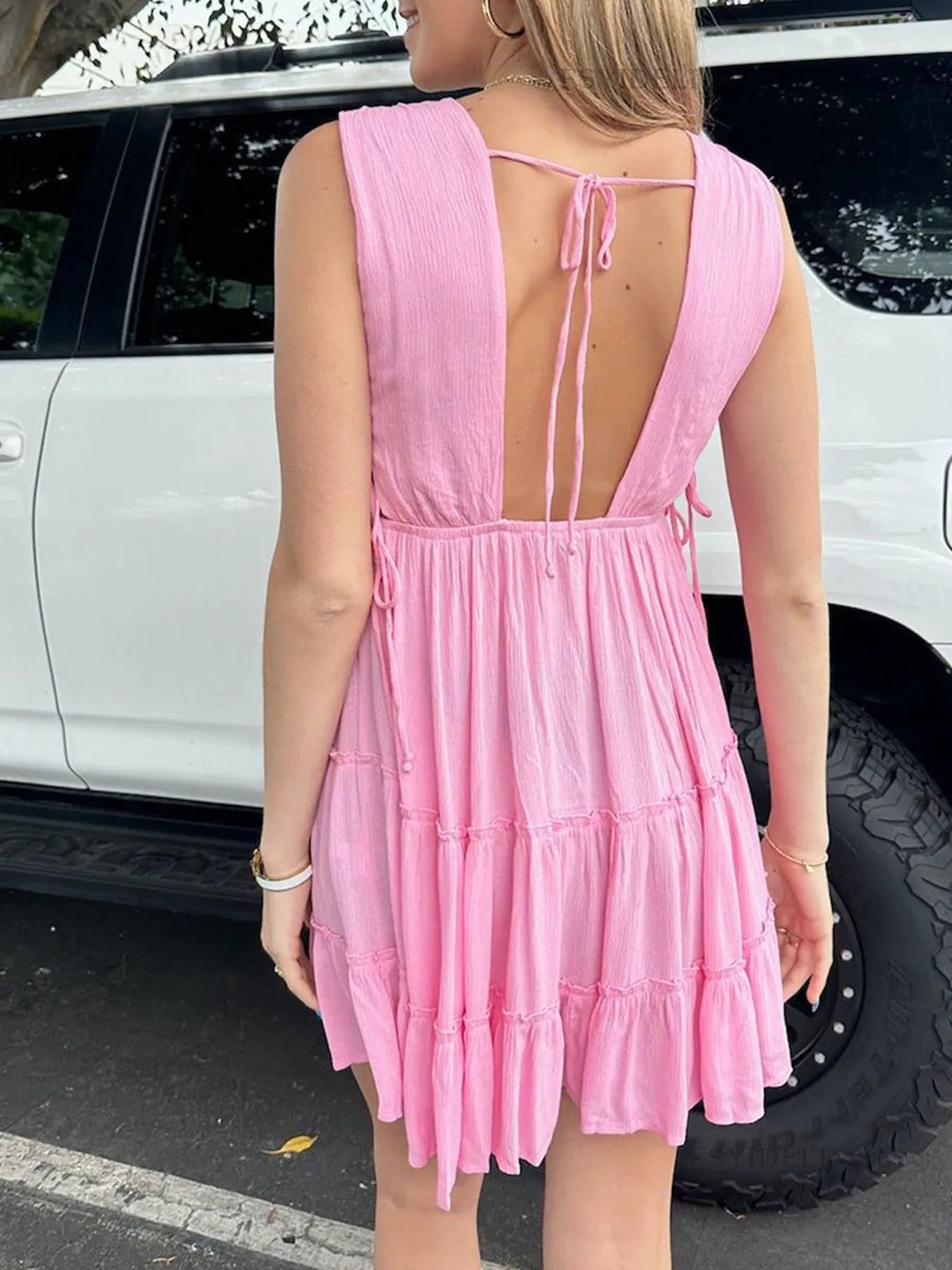 Deep V-Neck Tiered Mini Dress - adritiX