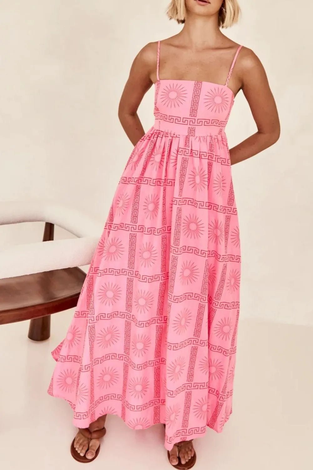 Cutout Back Printed Square Neck Maxi Cami Dress - adritiX