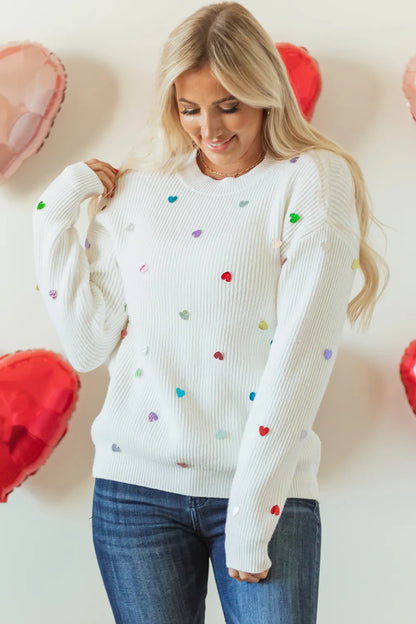 Heart Sequin Round Neck Long Sleeve Sweater - adritiX