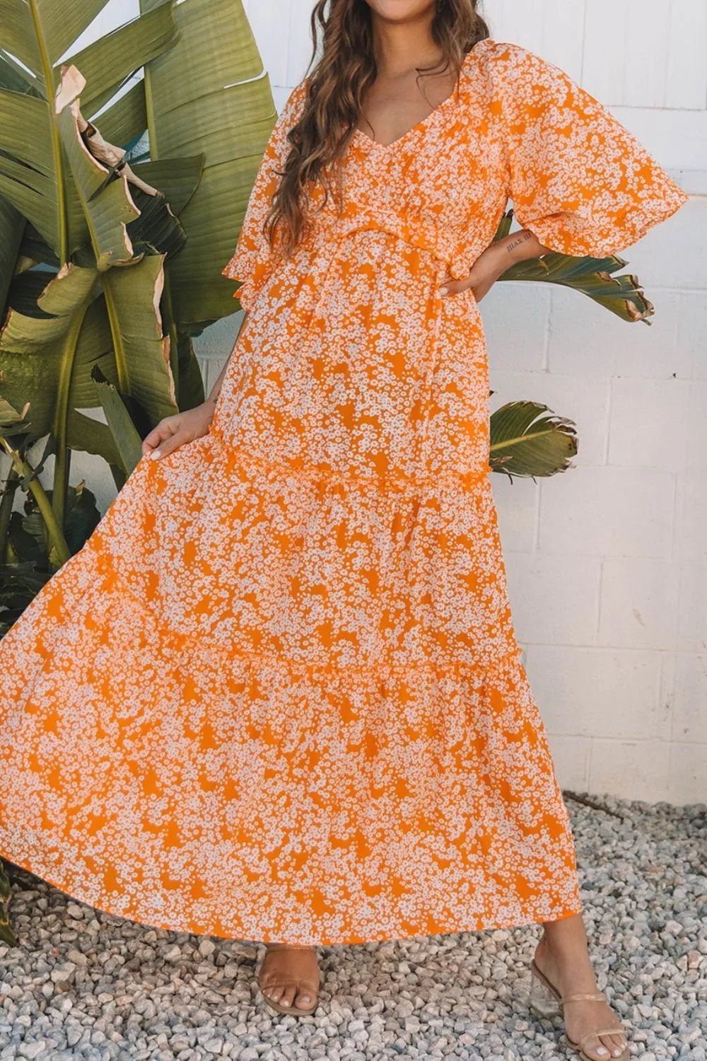 Floral Print Smocked V Neck Wide Sleeve Maxi Dress - adritiX