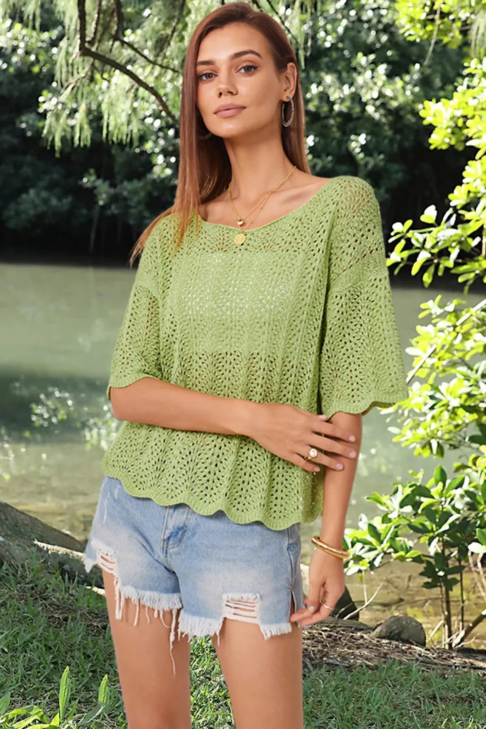 Openwork Round Neck Half Sleeve Knit Top - adritiX