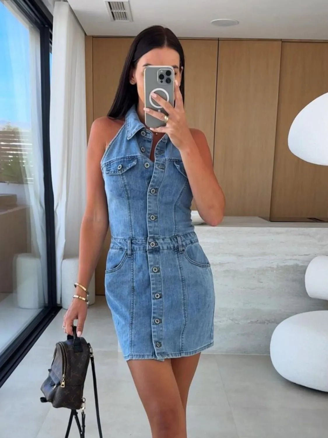 Button Front Sleeveless Denim Mini Dress - adritiX