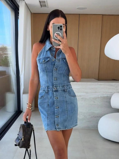 Button Front Sleeveless Denim Mini Dress - adritiX