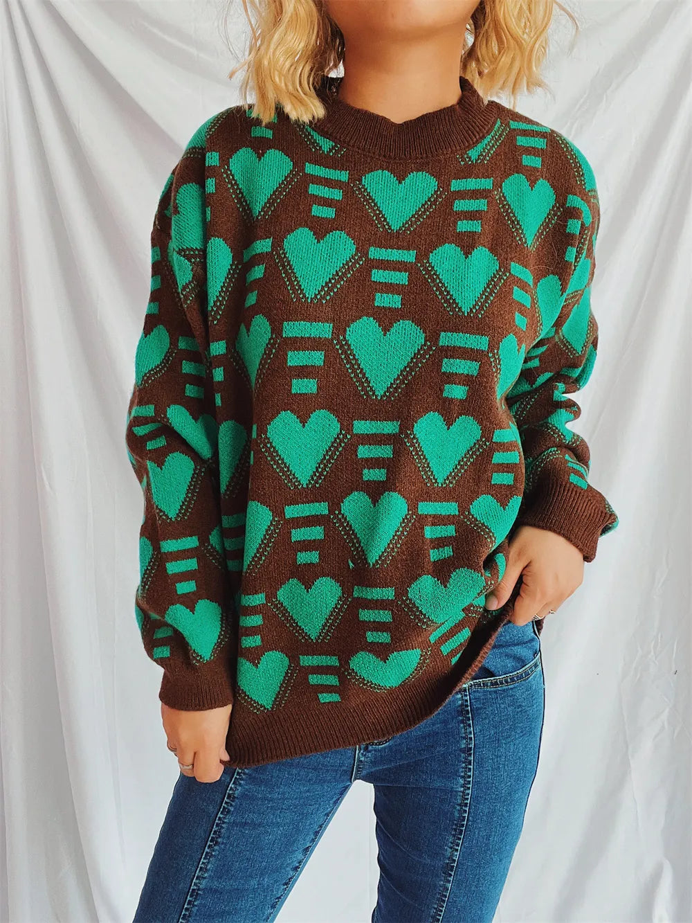 Elegant Heart Contrast Long Sleeve Dropped Shoulder Sweater - adritiX