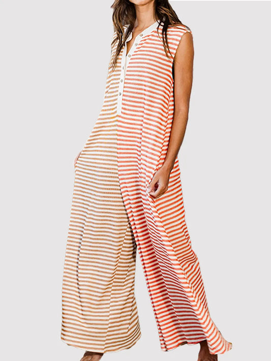 Elegant Striped Round Neck Sleeveless Jumpsuit - adritiX