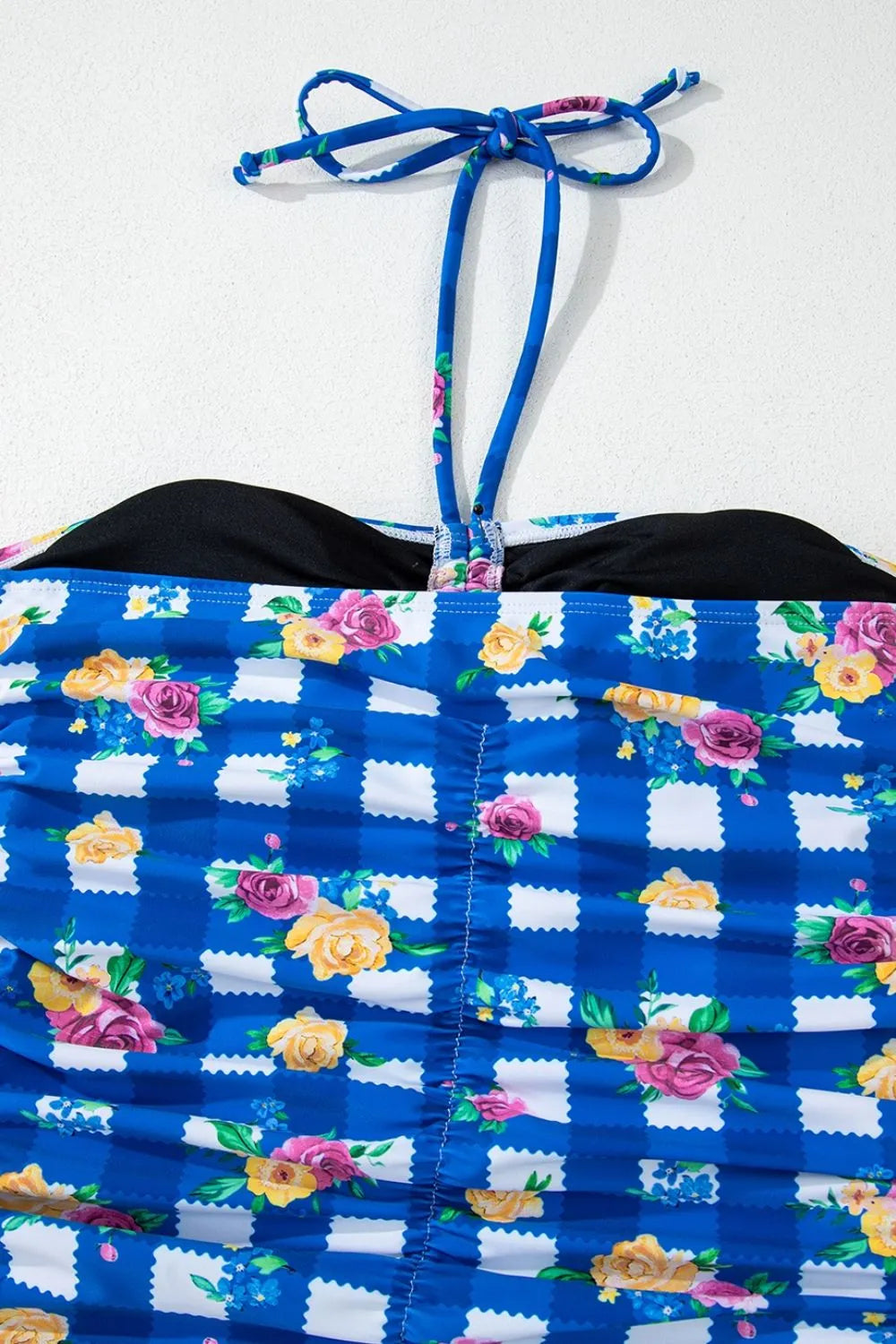 Floral Gingham Halter Neck Drawstring One Piece Swimwear - adritiX