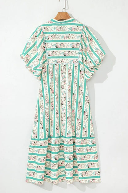 Striped Floral Print Tie Neck Puff Sleeve Midi Dress - adritiX
