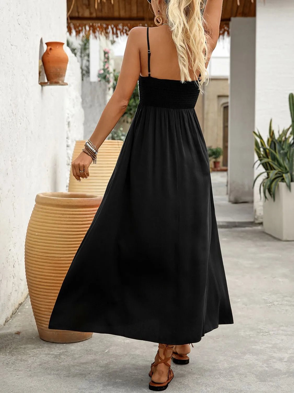 Elegant Smocked Midi Cami Dress with Pockets - adritiX