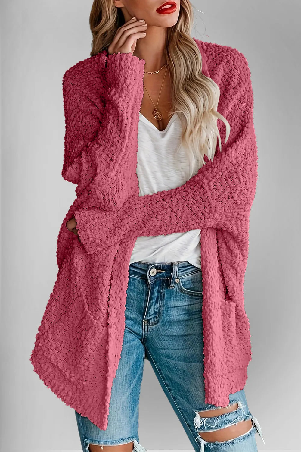 Double Take Pocketed Open Front Long Sleeve Cardigan - adritiX