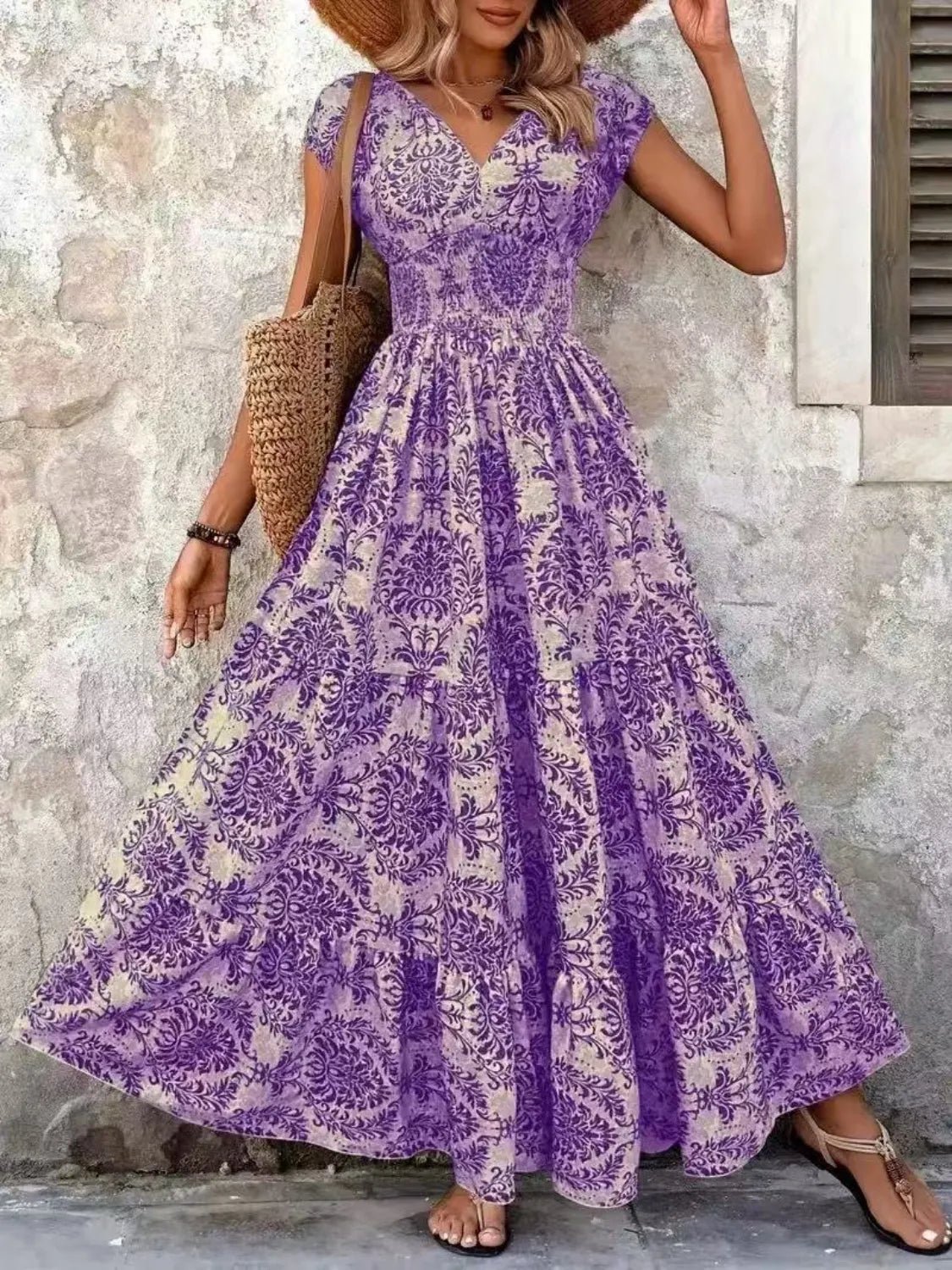Vintage Floral Cap Sleeve Maxi Dress - adritiX