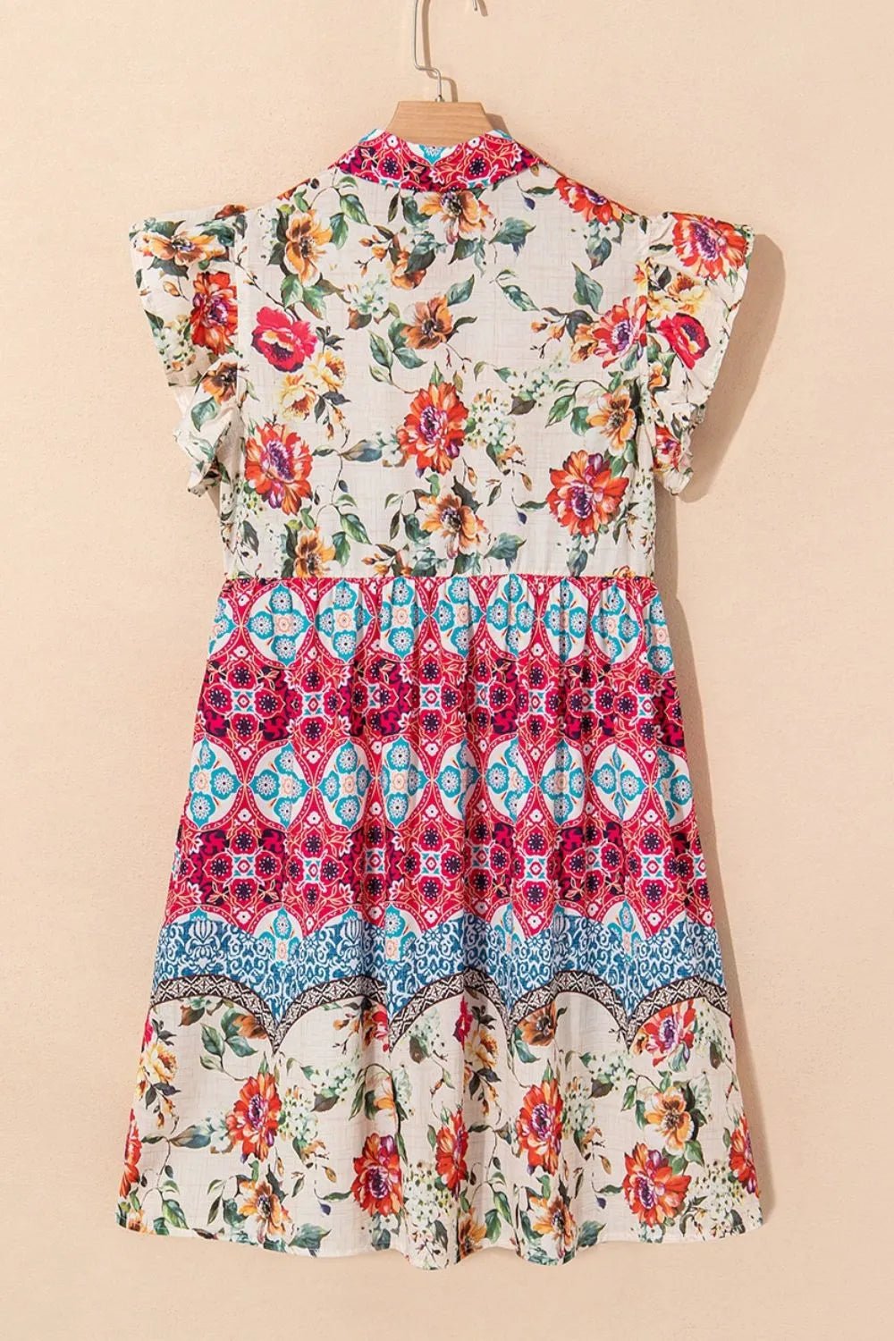 Floral Mixed Pattern Ruffle Flutter Sleeve Buttoned Dress - adritiX