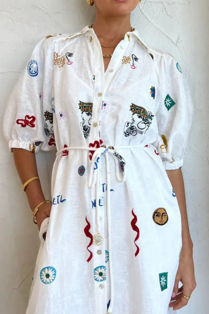 Printed Button-Up Midi Shirt Dress - adritiX