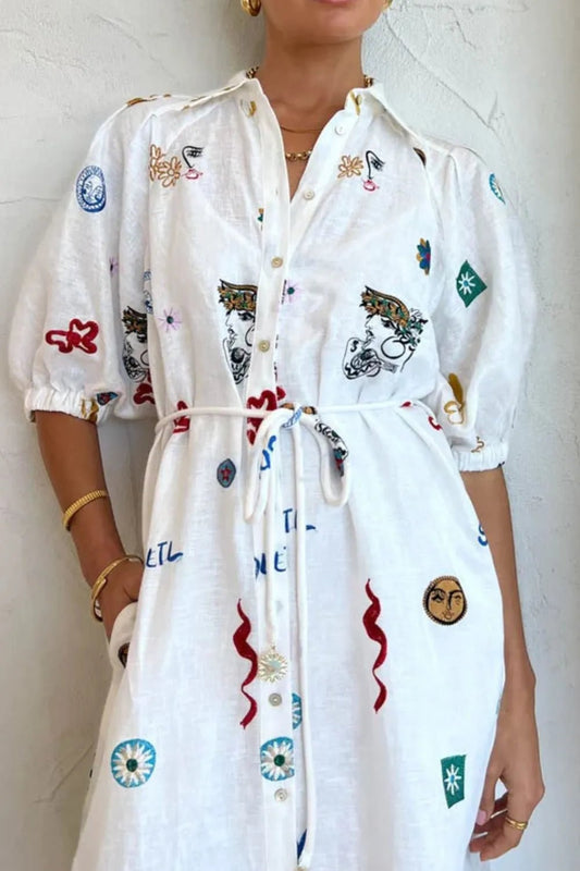 Printed Button-Up Midi Shirt Dress - adritiX