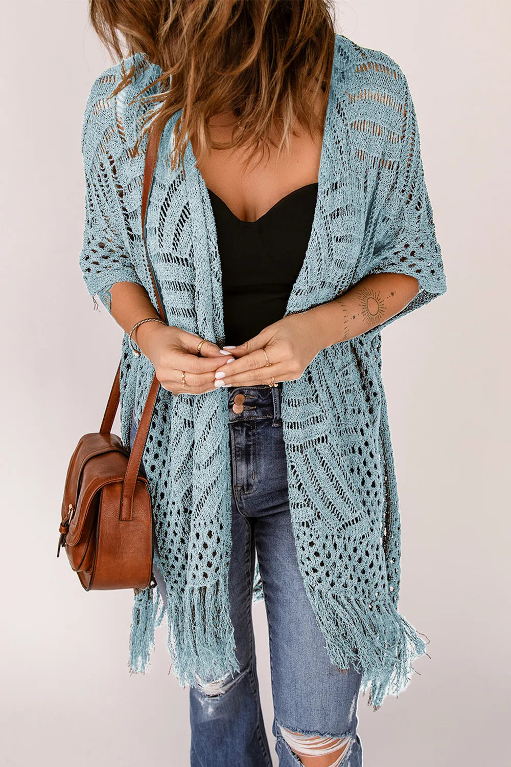 Openwork Open Front Cardigan with Fringes - adritiX