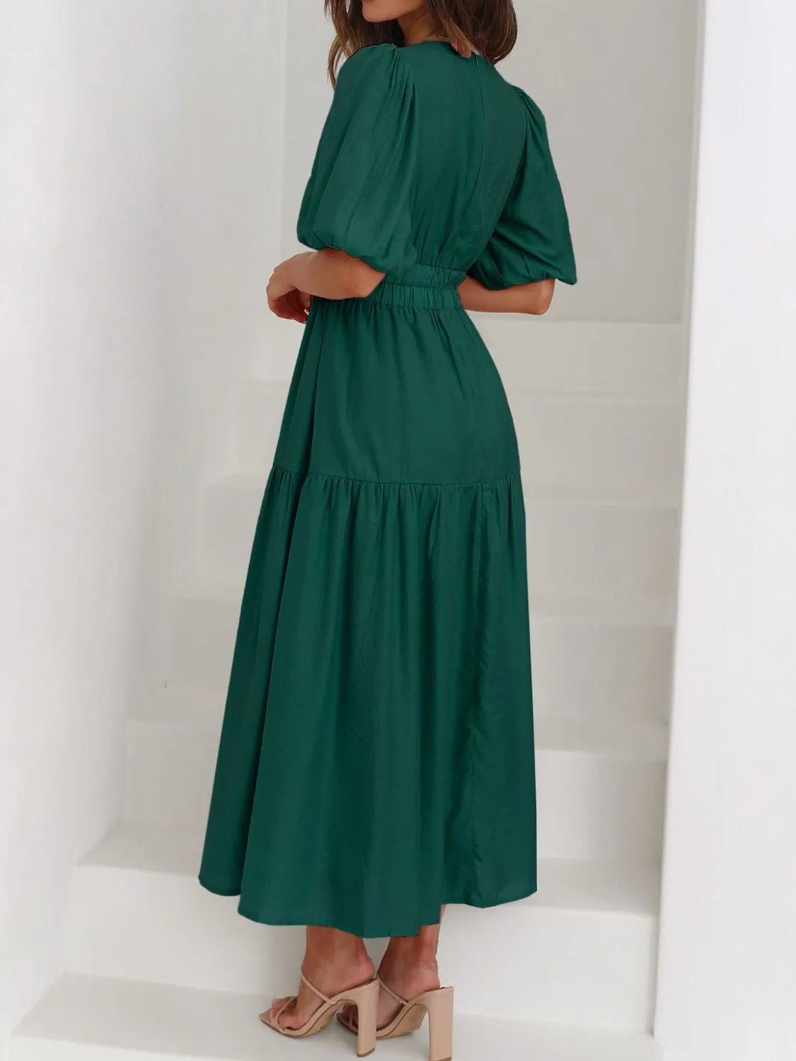 V-Neck Puff Sleeve Midi Dress - adritiX
