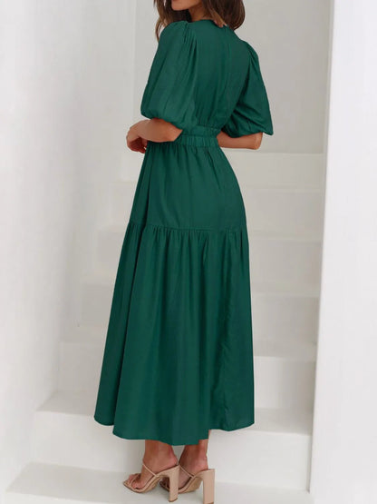 V-Neck Puff Sleeve Midi Dress - adritiX