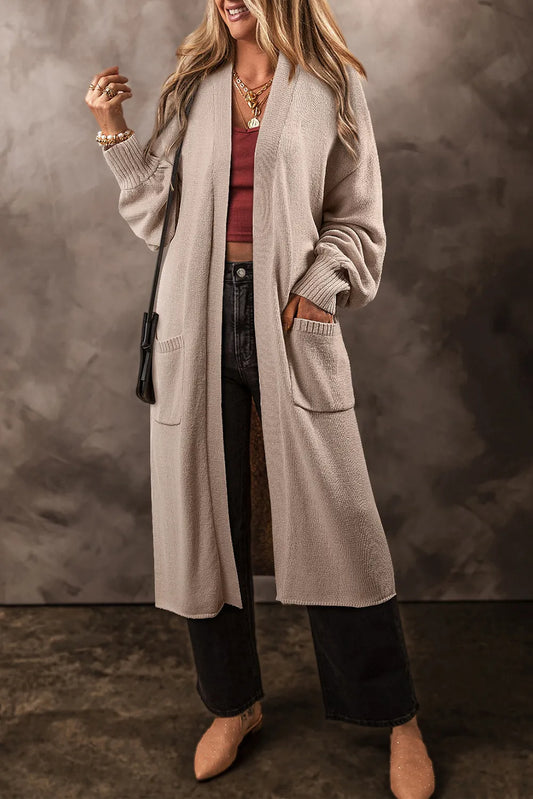 Pocketed Open Front Long Sleeve Cardigan - adritiX