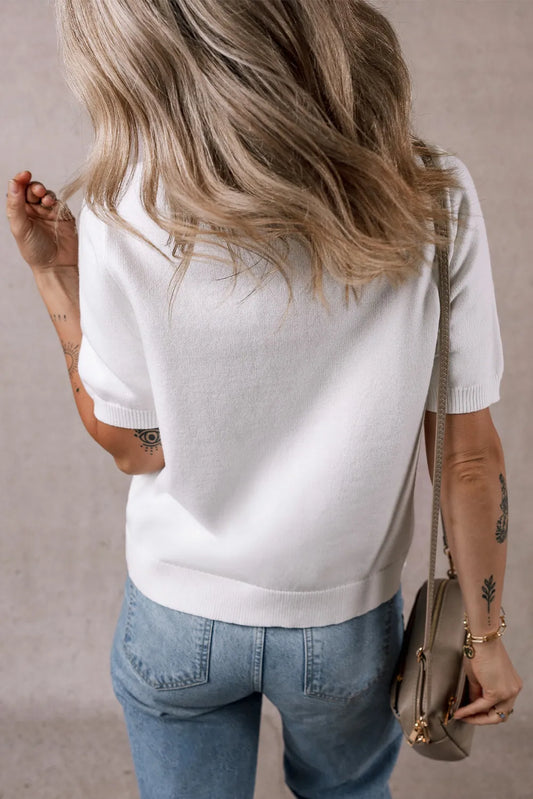 Button Up Round Neck Short Sleeve Knit Top - adritiX