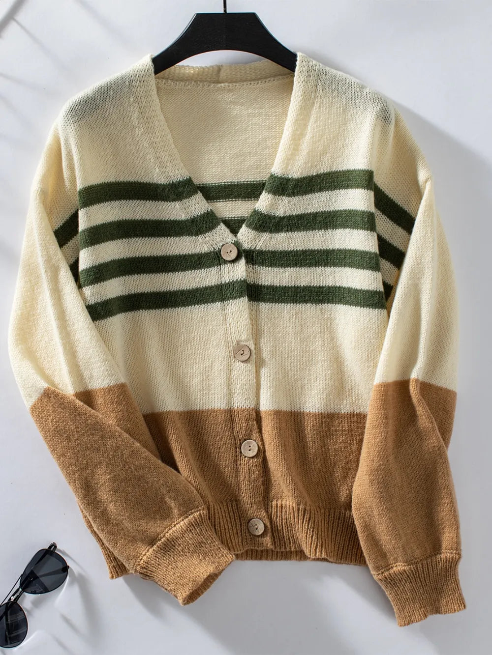 Color Block V-Neck Button Down Long Sleeve Cardigan - adritiX