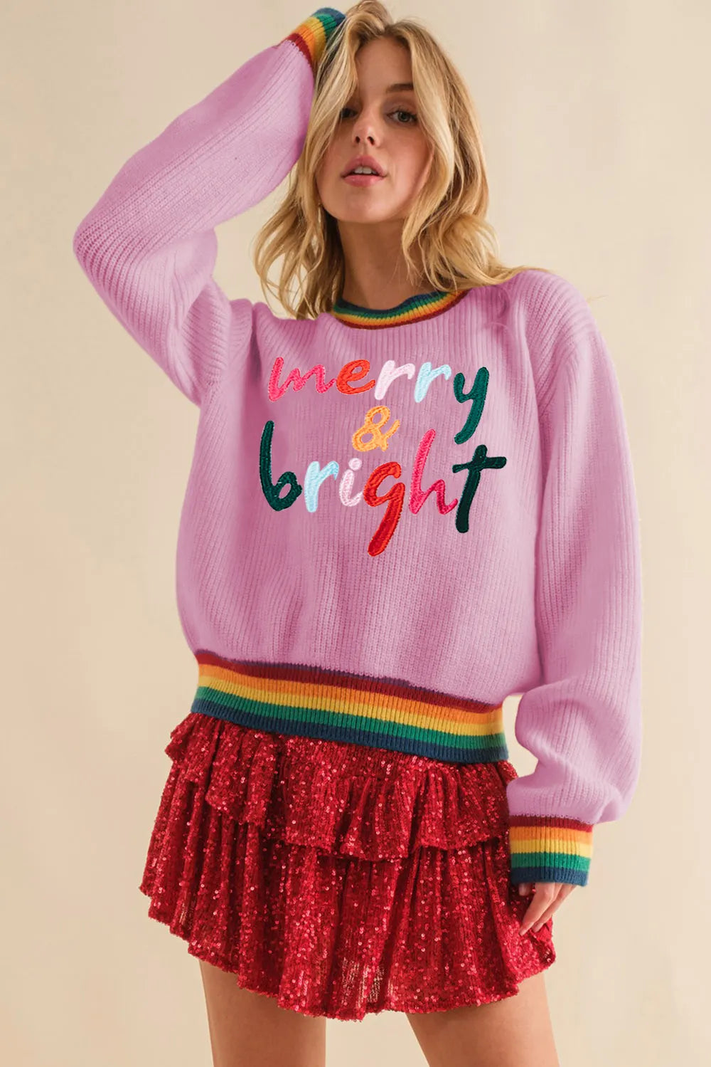 Elegant MERRY & BRIGHT Ribbed Round Neck Sweater - adritiX