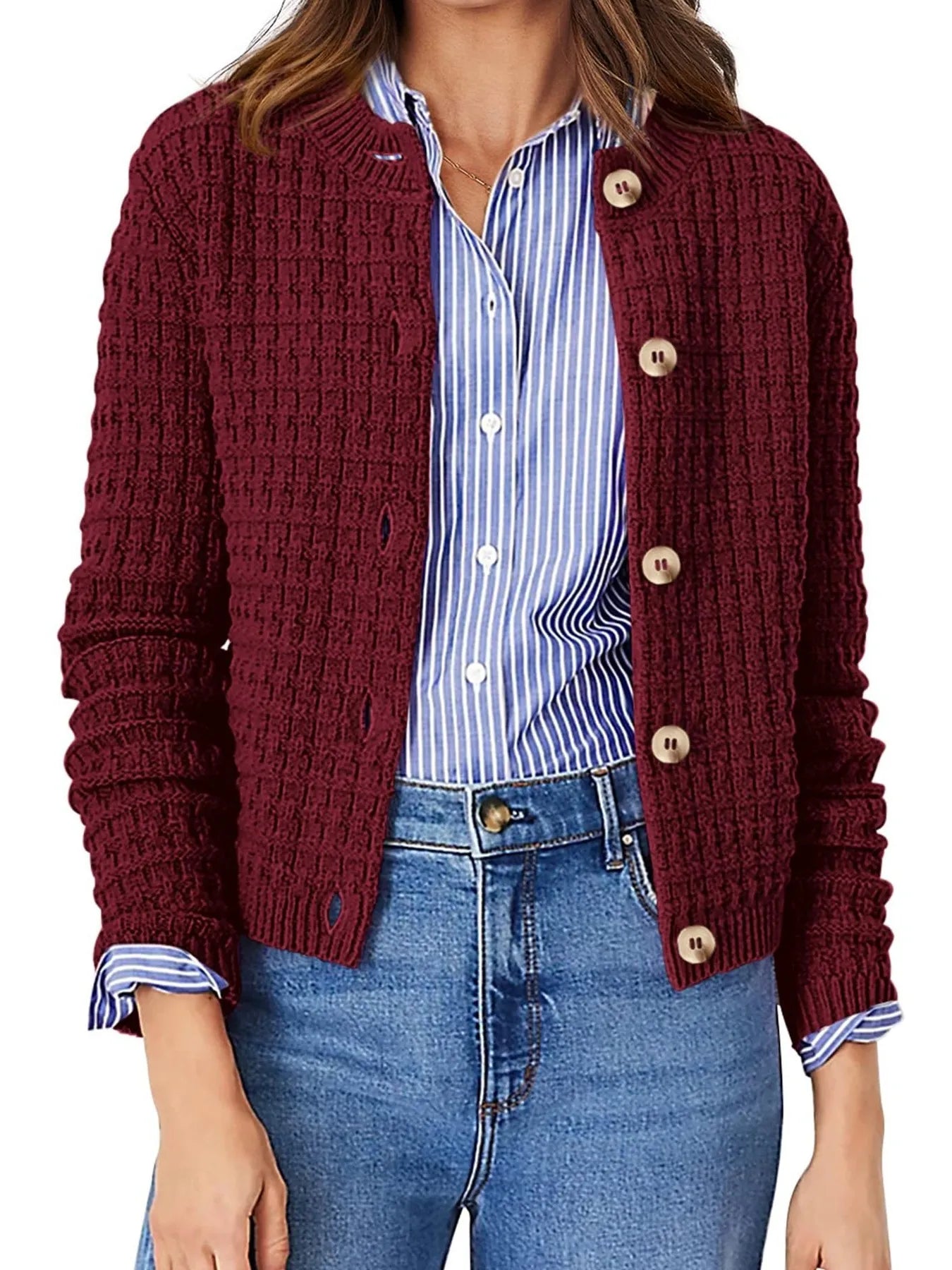 Elegant Textured Knit Button-Front Cardigan - adritiX