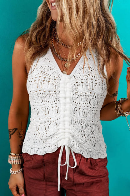 Hollowed Knit V Neck Drawstring Sweater Vest - adritiX