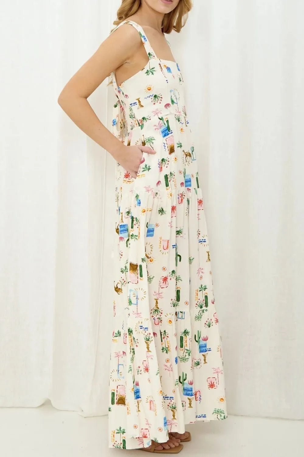 Printed Square Neck Wide Strap Maxi Dress - adritiX