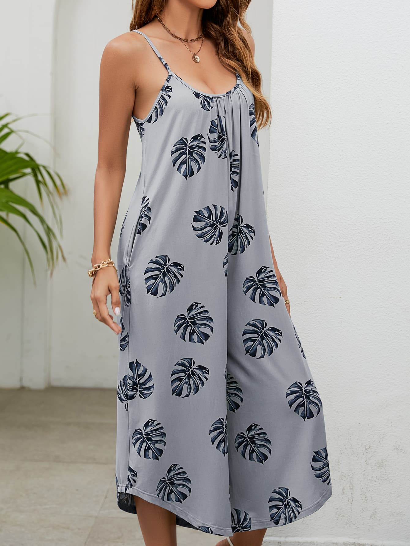 Elegant Botanical Print Spaghetti Strap Scoop Neck Jumpsuit - adritiX