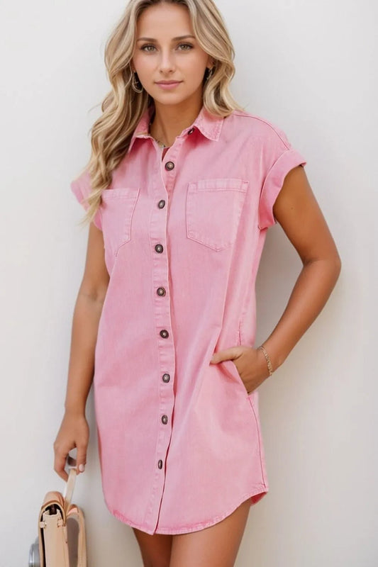 Button Down Short Sleeve Denim Dress - adritiX