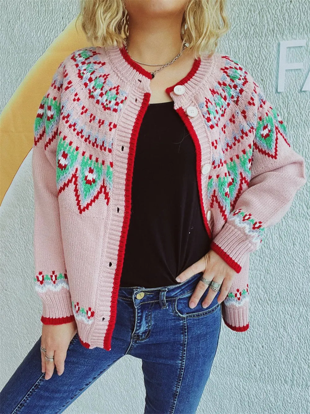 Contrast Geometric Round Neck Long Sleeve Cardigan - adritiX