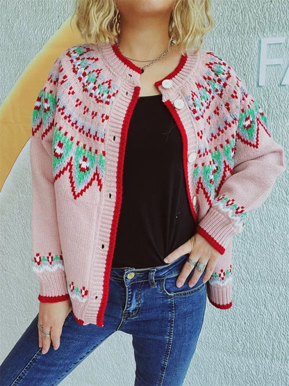 Contrast Geometric Round Neck Long Sleeve Cardigan - adritiX