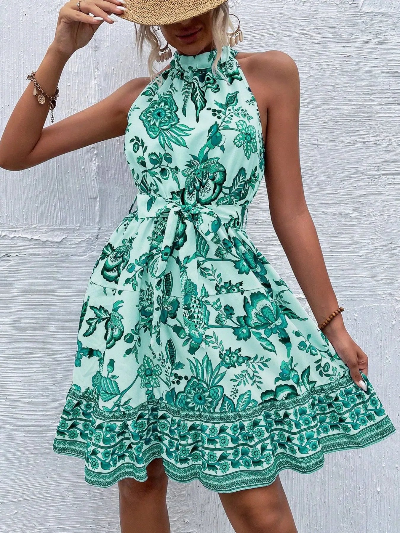 Floral Halter Neck Summer Dress with Belt - adritiX