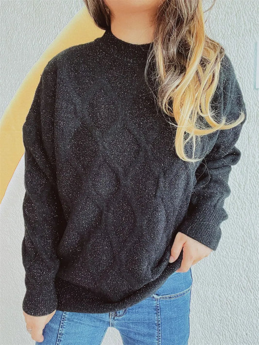 Diamond Round Neck Long Sleeve Sweater - adritiX