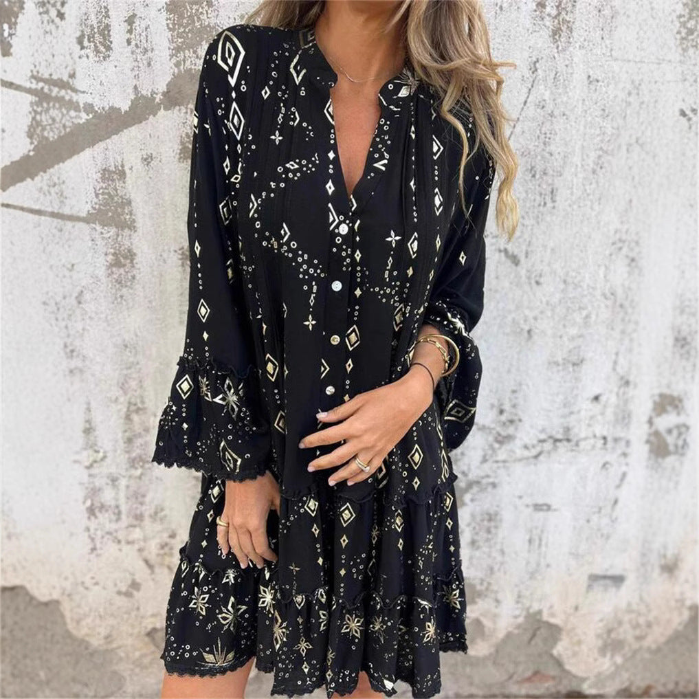 Elegant Bronzing Fashion Horn Lace Sleeve Hollow Dress - adritiX