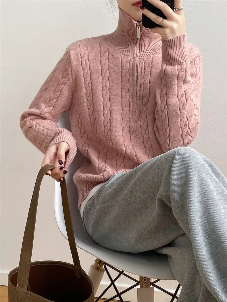 Cable-Knit Half Zip Long Sleeve Sweater - adritiX