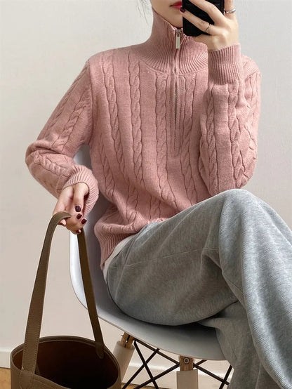 Cable-Knit Half Zip Long Sleeve Sweater - adritiX