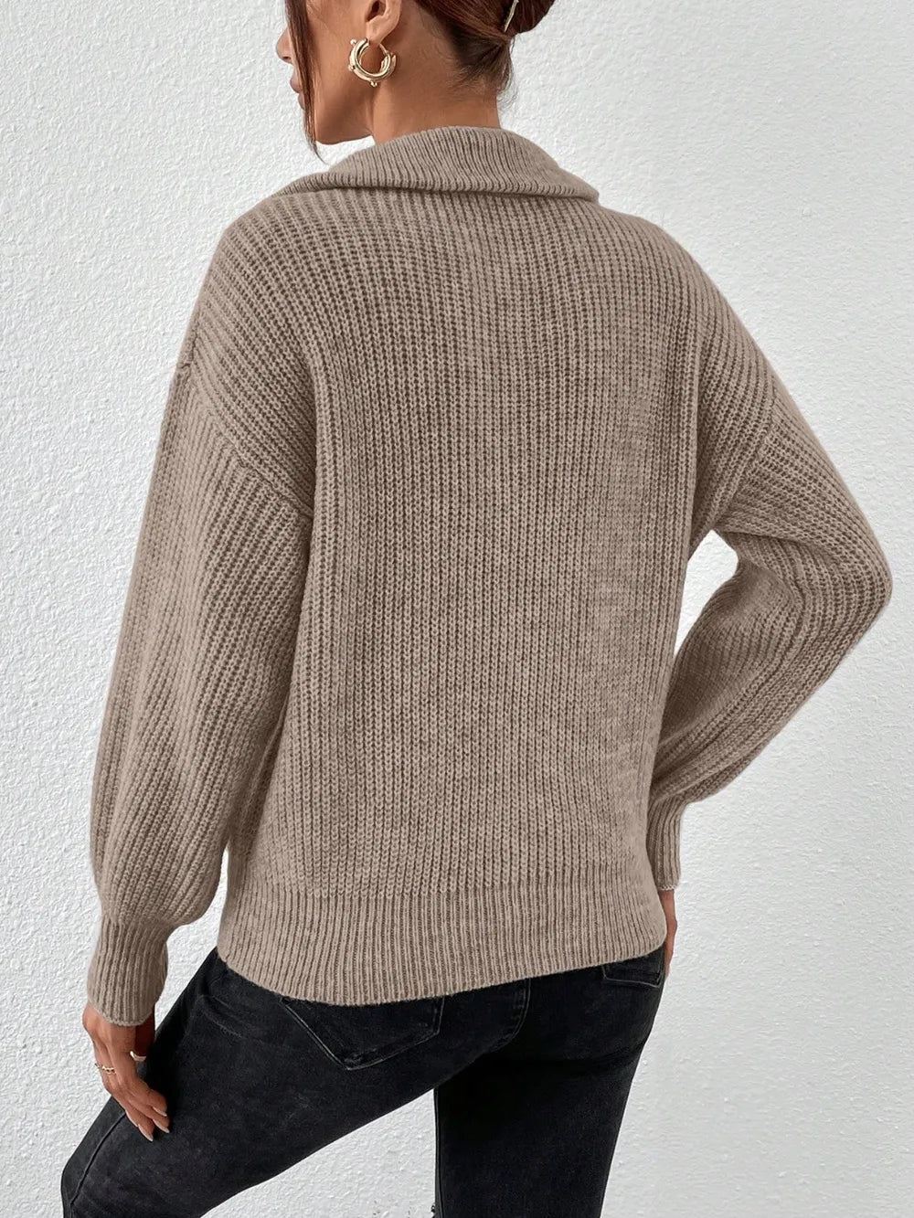 Elegant Honey Half Zip Dropped Shoulder Sweater - adritiX