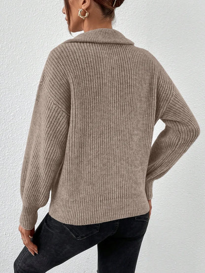 Elegant Honey Half Zip Dropped Shoulder Sweater - adritiX