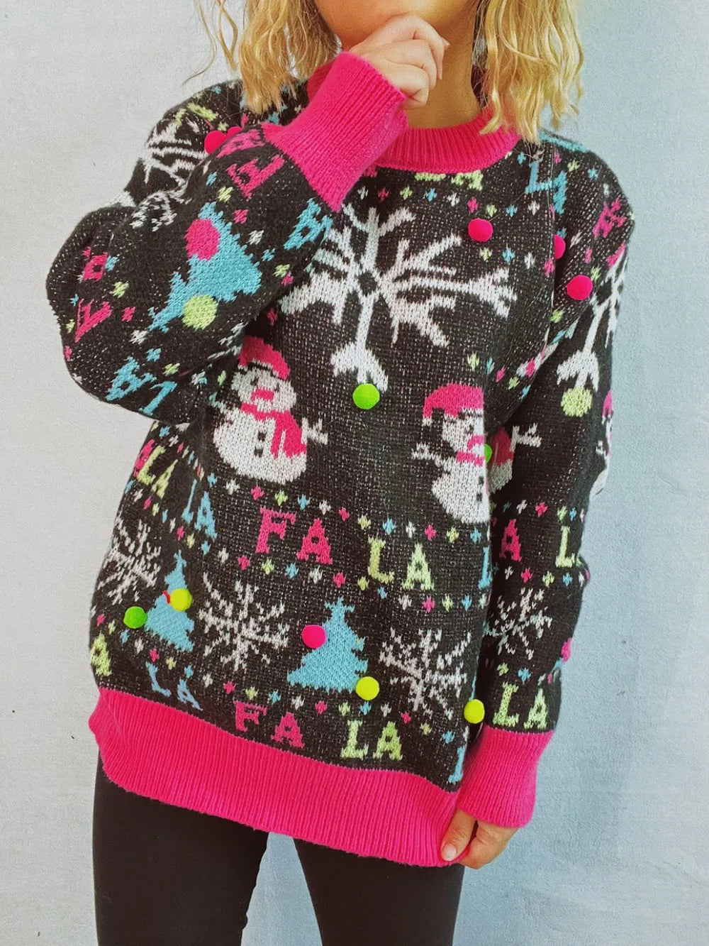 Elegant Snowman Contrast Trim Round Neck Sweater - adritiX