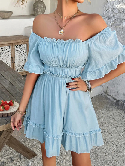 Square Neck Ruffle Trim Mini Dress - adritiX