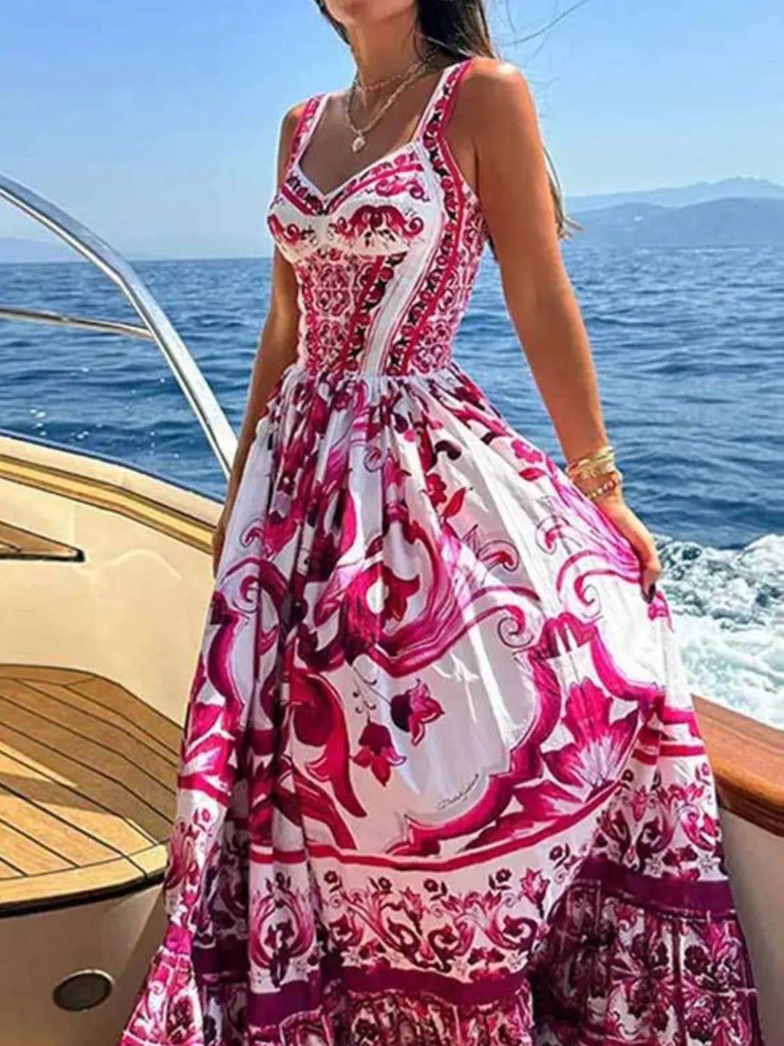 Smocked Printed Wide Strap Dress - adritiX